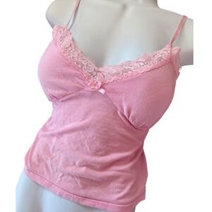 Y2K 2000s style Energie Pink Lace Trim Camisole Top‎ XL Cotton Bow Detail